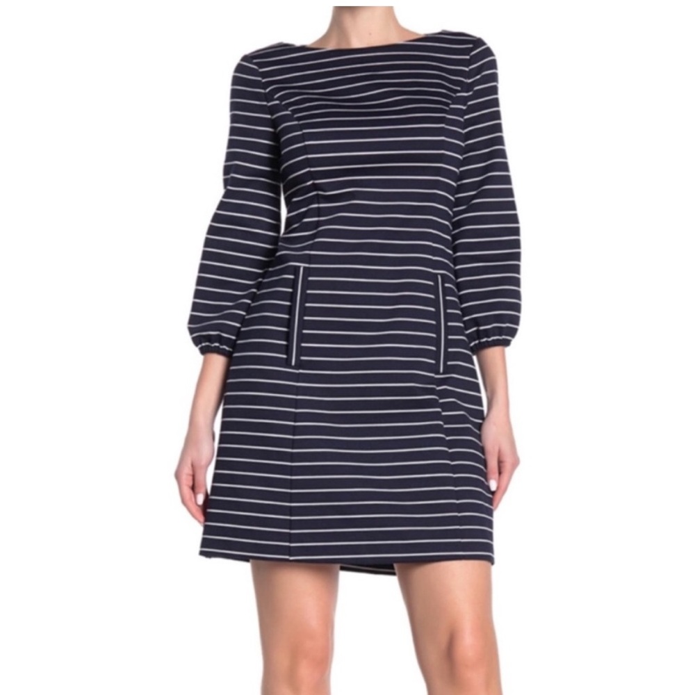 Eliza J Blue and White Puff Sleeve Sheath Dress
